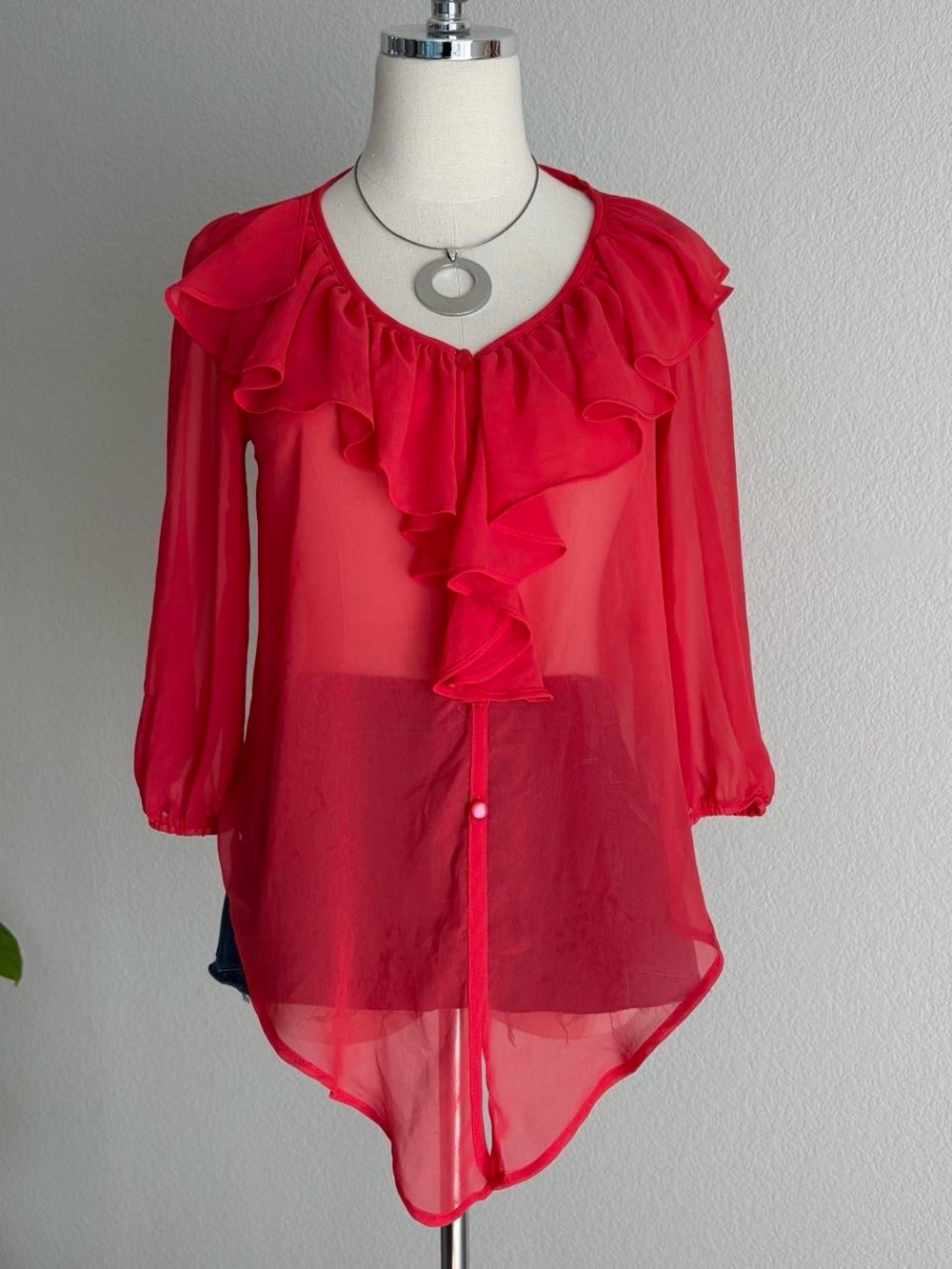 Red Ruffle-Front Sheer Blouse